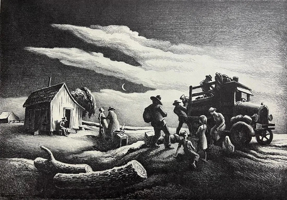 Thomas Hart Benton (American, 1889-1975) Print: Thomas Hart Benton (American, 1889-1975) Print. Departure of the Joads, "1939". Printed in 1969. 10.00 x 7.00 inches. Please be aware that all lots in our auctions are sold "AS IS," in accordance with