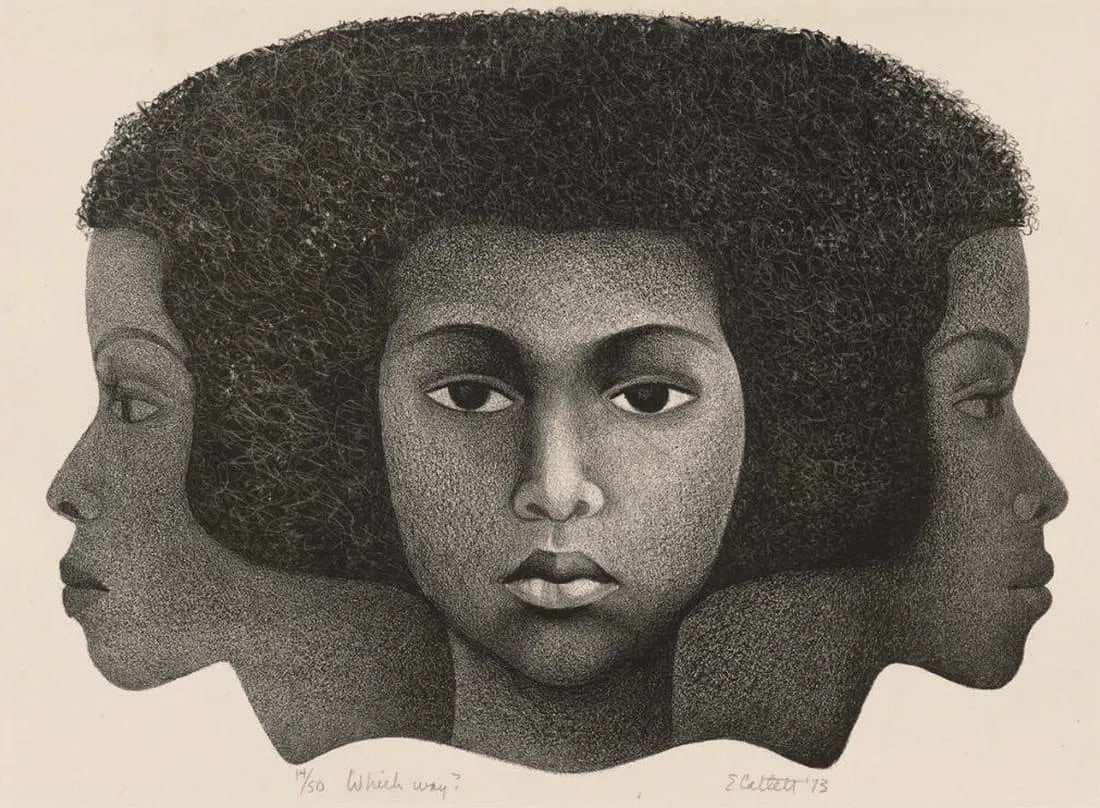 Elizabeth Catlett (American, 1915-2012) Print: Elizabeth Catlett (American, 1915-2012) Print. Which Way?, "1973". Not hand marked. 15.75 x 11.50 inches. Please be aware that all lots in our auctions are sold "AS IS," in accordance with the Terms &