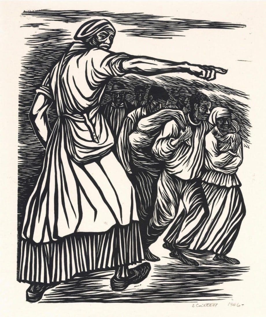 Elizabeth Catlett (American, 1915-2012) Print: Elizabeth Catlett (American, 1915-2012) Print. In Harriet Tubman I Helped Hundreds to Freedom, "1946". Not hand marked. 18.40 x 20.00 inches. Please be aware that all lots in our auctions are sold "AS