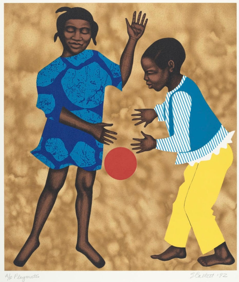 Elizabeth Catlett (American, 1915-2012) Print: Elizabeth Catlett (American, 1915-2012) Print. Playmates, "1992". Not hand marked. 18.50 x 21.50 inches. Please be aware that all lots in our auctions are sold "AS IS," in accordance with the Terms &