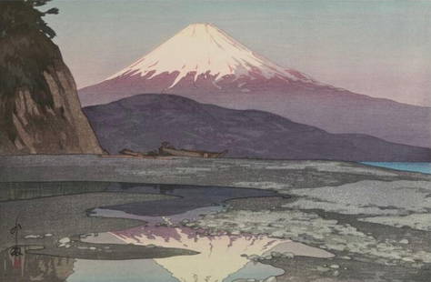 Hiroshi Yoshida (Japanese, 1876-1950) Print: Hiroshi Yoshida (Japanese, 1876-1950) Print. Fujiyama from Okitsu, "1928". 54.28 x 36.58 inches. Bonded to fabric. Please be aware that all lots in our auctions are sold "AS IS," in accordance with th