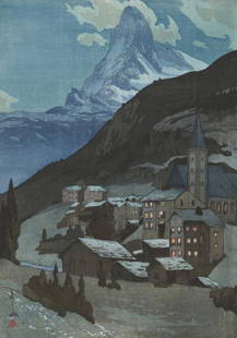 Hiroshi Yoshida (Japanese, 1876-1950) Print: Hiroshi Yoshida (Japanese, 1876-1950) Print. The Matterhorn at Night, from the European Series, "1925". 52.35 x 37.50 inches. Bonded to fabric. Please be aware that all lots in our auctions are sold "