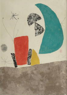 Joan Miro (Spanish, 1893-1983) Print: Joan Miro (Spanish, 1893-1983) Print. 15.75 x 19.50 inches. Bonded to fabric. Please be aware that all lots in our auctions are sold "AS IS," in accordance with the Terms & Conditions of the Auction.