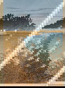 Kawase Hasui (Japanese, 1883-1957) Print: Kawase Hasui (Japanese, 1883-1957) Print. Lake Autumn in Ichikawa, "1930". 17.00 x 23.00 inches. Bonded to fabric. Please be aware that all lots in our auctions are sold "AS IS," in accordance with th