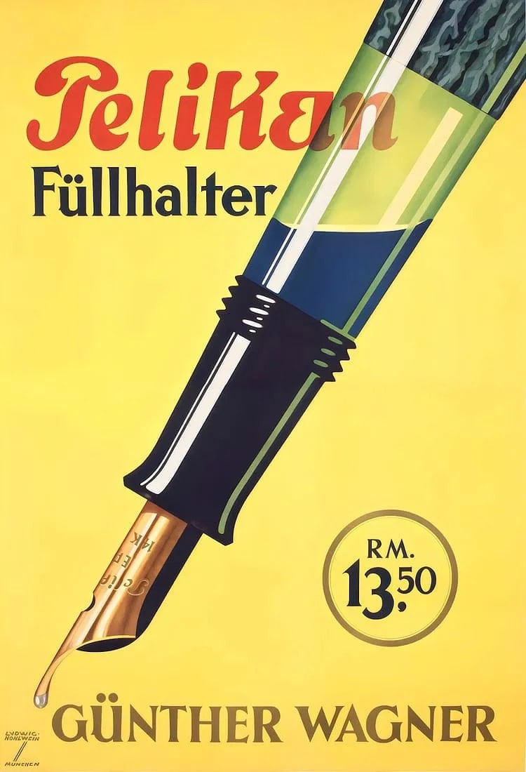 Pelikan Pen Poster: Pelikan Pen Poster. Bonded to fabric. Large size. Please be aware that all lots in our auctions are sold "AS IS," in accordance with the Terms & Conditions of the Auction. All "dates" inside quotation