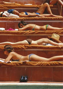 Slim Aarons (American, 1916-2006) Print: Slim Aarons (American, 1916-2006) Print. Sunbathing in Capri, Hotel Punta Tragara, Italy, "1974". 40.00 x 60.00 inches. Please be aware that all lots in our auctions are sold "AS IS," in accordance wi