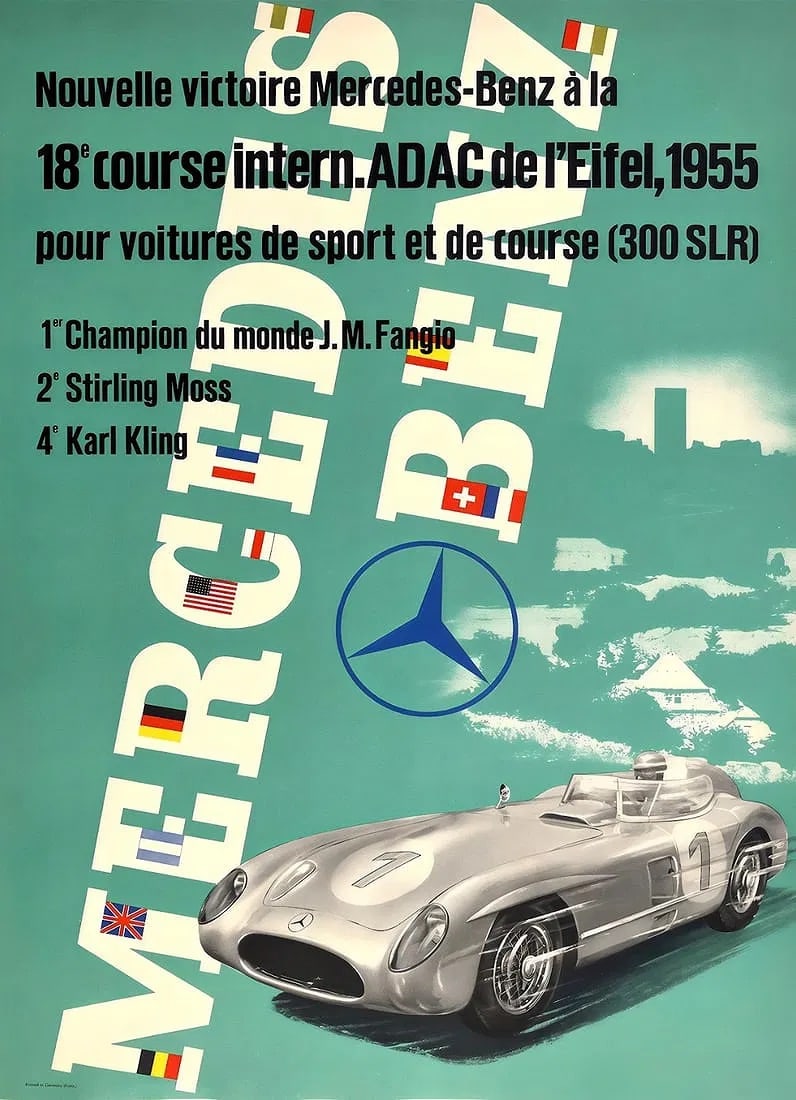 Mercedes Benz Poster: Mercedes Benz Poster. Bonded to fabric. Medium size. Please be aware that all lots in our auctions are sold "AS IS," in accordance with the Terms & Conditions of the Auction. All "dates" inside quotat