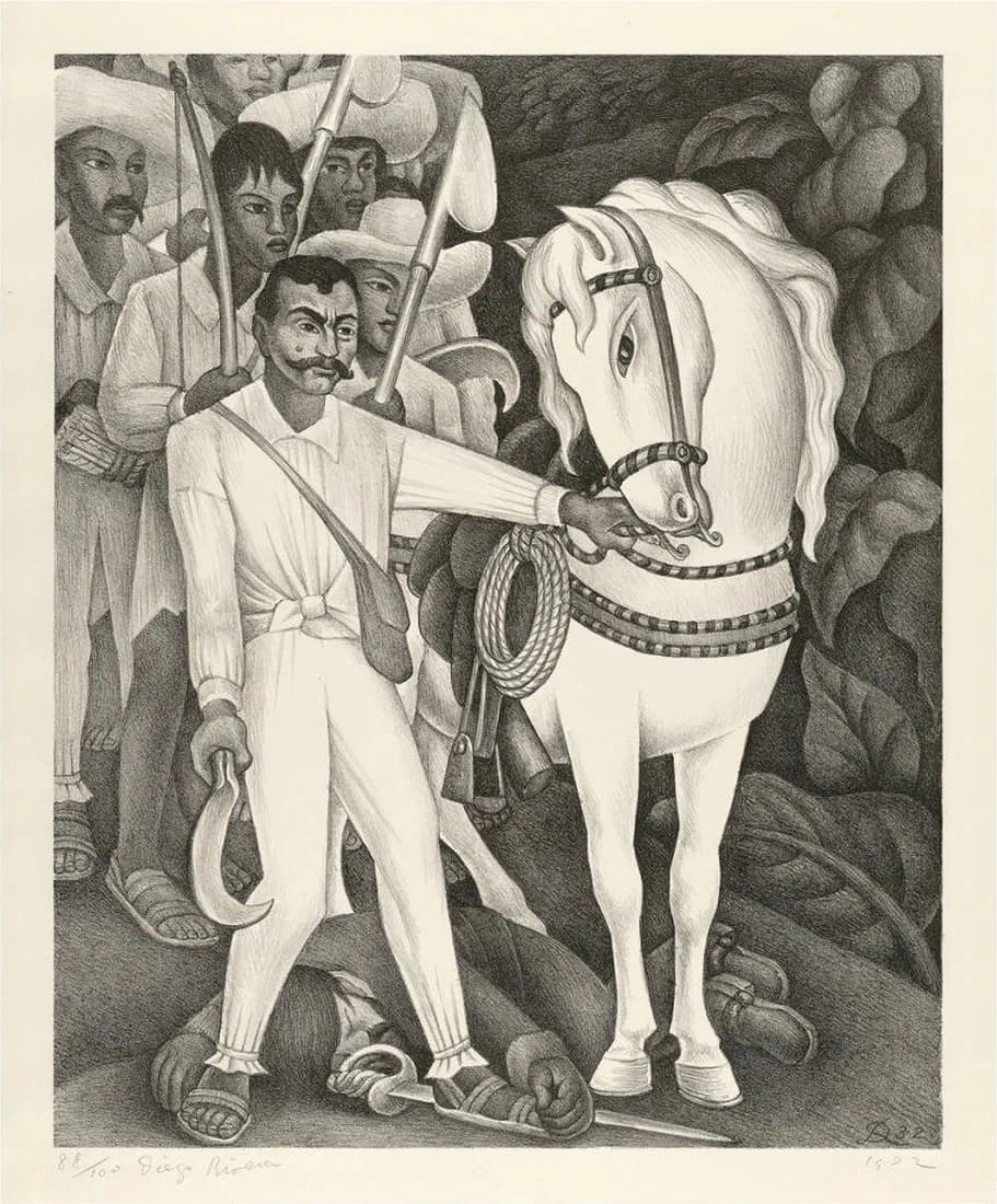 Diego Rivera (Mexican, 1886-1957) Emiliano Zapata, Horse "1932" Print: Diego Rivera (Mexican, 1886-1957) Emiliano Zapata, Horse "1932" Print. 24.75 x 29.85 inches. Bonded to fabric.Marked in plate on the bottom side. Please be aware that all lots in our auctions are sold