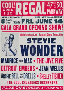 Stevie Wonder, Poster: Stevie Wonder Poster. 18.00 x 22.00 inches. Bonded to fabric. Please be aware that all lots in our auctions are sold "AS IS," in accordance with the Terms & Conditions of the Auction. All "dates" insi