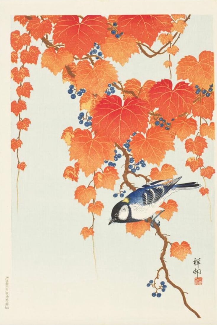 Ohara Shoson (Japanese, 1877-1945) Print: Ohara Shoson (Japanese, 1877-1945) Print. Vine and Japanese Bunting. 24.00 x 37.00 inches. Bonded to fabric. Please be aware that all lots in our auctions are sold "AS IS," in accordance with the Term
