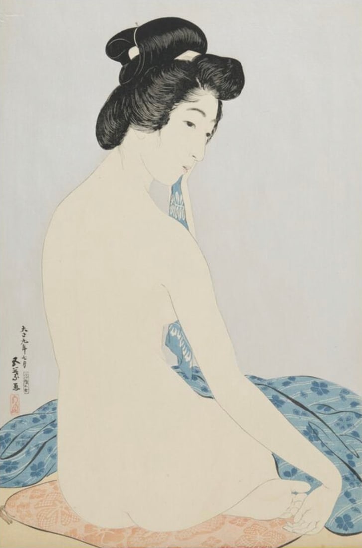 Hashiguchi Goyo (Japanese, 1880-1921) Print: Hashiguchi Goyo (Japanese, 1880-1921) Print. Woman After the Bath, "1920". Bonded to fabric. 16.75 x 25.50 inches. Please be aware that all lots in our auctions are sold "AS IS," in accordance with th