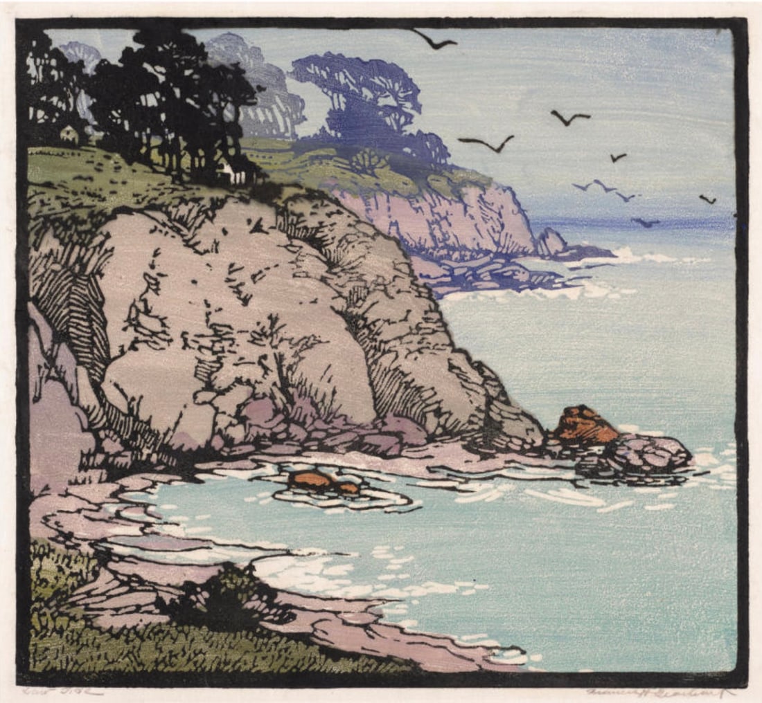 Frances Hammel Gearhart (American, 1869-1959) Print: Frances Hammel Gearhart (American, 1869-1959) Print. Low Tide, "1930". Bonded to fabric. 21.25 x 20.00 inches. Please be aware that all lots in our auctions are sold "AS IS," in accordance with the Te