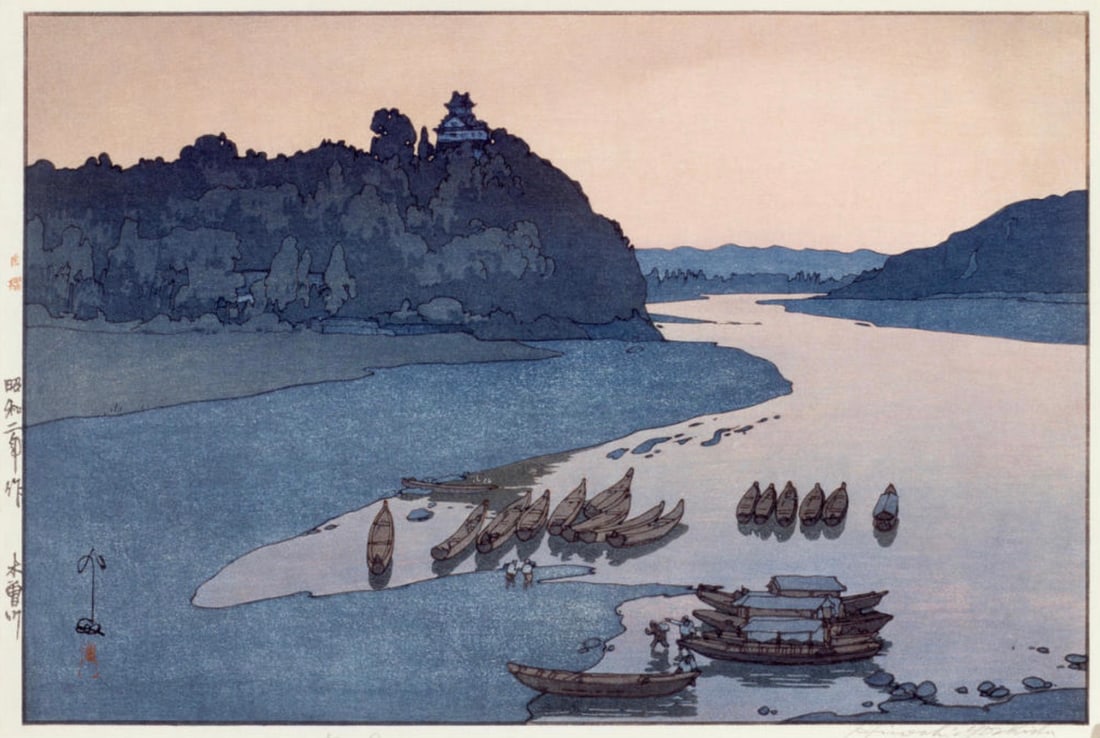 Hiroshi Yoshida (Japanese, 1876-1950) Print: Hiroshi Yoshida (Japanese, 1876-1950) Print. Kiso River, "1927". 29.50 x 20.00 inches. Bonded to fabric. Please be aware that all lots in our auctions are sold "AS IS," in accordance with the Terms &