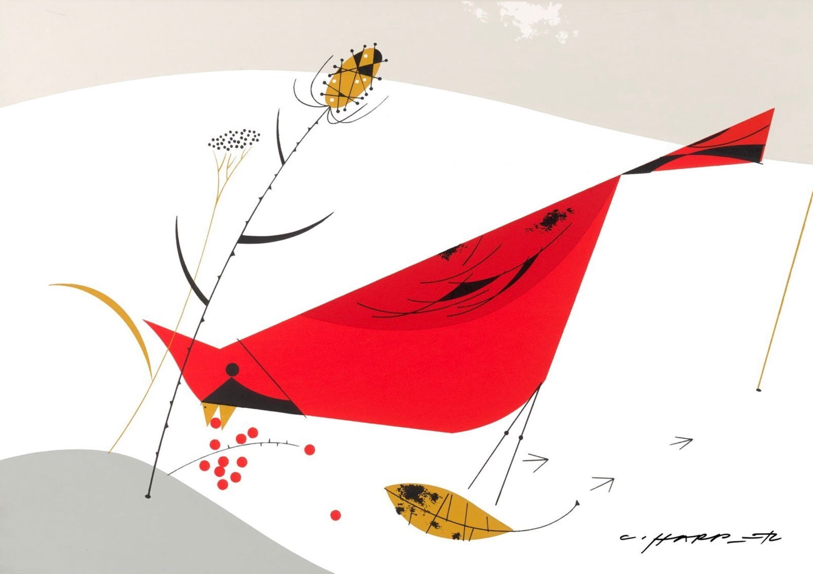 Charley Harper (American, 1922-2007) Lithograph: Charley Harper (American, 1922-2007) Lithograph. Cardinal Cuisine, "2002". 12.00 x 8.00 inches. Please be aware that all lots in our auctions are sold "AS IS," in accordance with the Terms & Condition