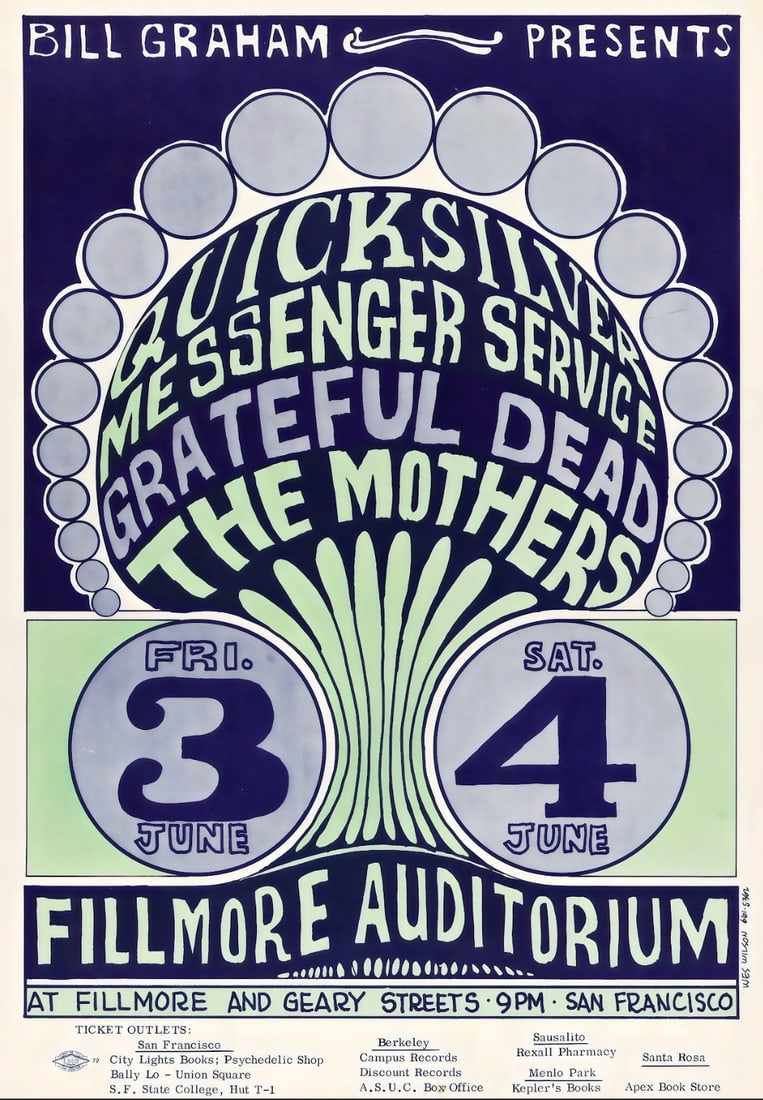 Filmore Auditorium Poster: Filmore Auditorium Poster. Bonded to fabric. Medium Size. Please be aware that all lots in our auctions are sold "AS IS," in accordance with the Terms & Conditions of the Auction. All "dates" inside q