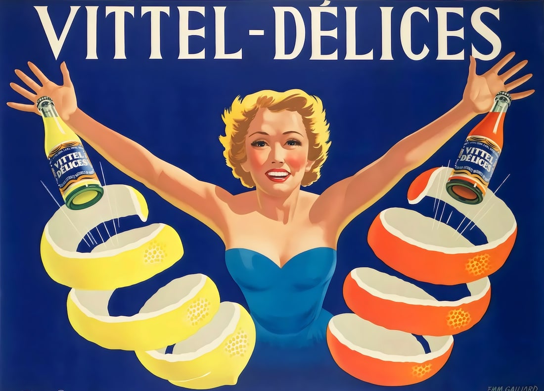 Vittel-Délices Poster: Vittel-Délices Poster. Bonded to fabric. Medium Size. Please be aware that all lots in our auctions are sold "AS IS," in accordance with the Terms & Conditions of the Auction. All "dates" inside quot