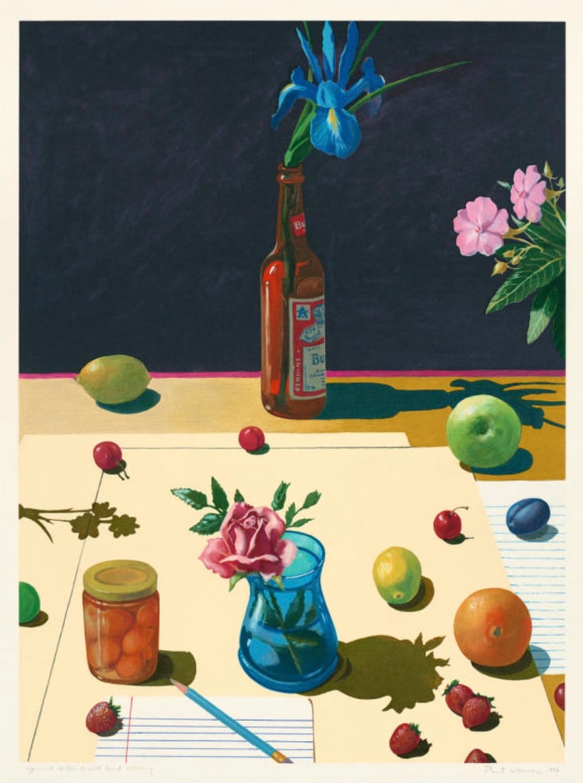 Paul Wonner (American, 1920-2008) Print: Paul Wonner (American, 1920-2008) Print. Still Life with Fruit and Flowers, "1992". Bonded to fabric. 16.25 x 21.00 inches. Please be aware that all lots in our auctions are sold "AS IS," in accordanc