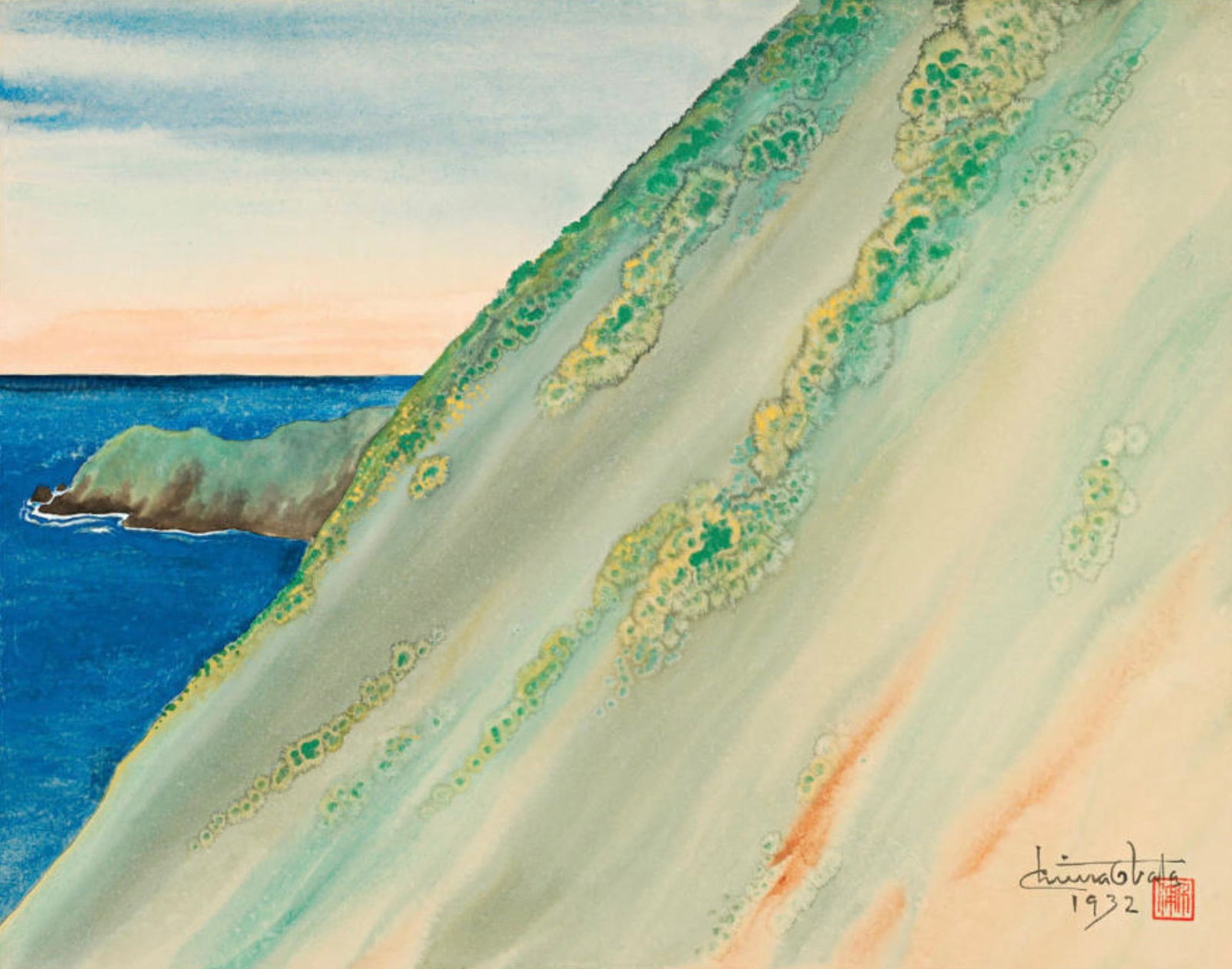 Chiura Obata (Japanese-American, 1885-1975) Print: Chiura Obata (Japanese-American, 1885-1975) Print. Cliff and Ocean, "1932". 29.00 x 23.00 inches. Bonded to fabric. Please be aware that all lots in our auctions are sold "AS IS," in accordance with t
