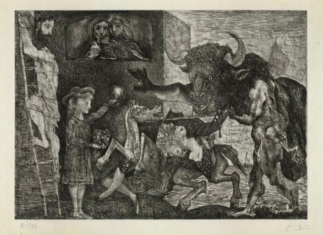 Pablo Picasso (Spanish, 1881-1973) Print: Pablo Picasso (Spanish, 1881-1973) Print. Minotauromachy, "1935". 18.75 x 25.50 inches. Bonded to fabric. Please be aware that all lots in our auctions are sold "AS IS," in accordance with the Terms &