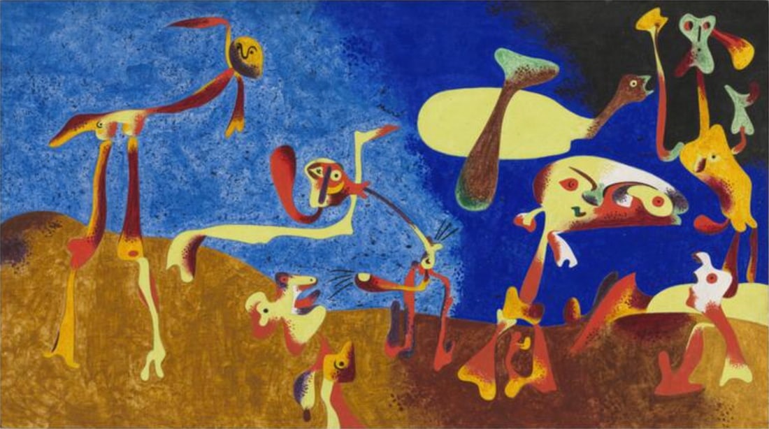 Joan Miro (Spanish, 1893-1983) Print: Joan Miro (Spanish, 1893-1983) Print. Figures and Birds in a Landscape, "1935". 37.50 x 20.50 inches. Please be aware that all lots in our auctions are sold "AS IS," in accordance with the Terms & Con