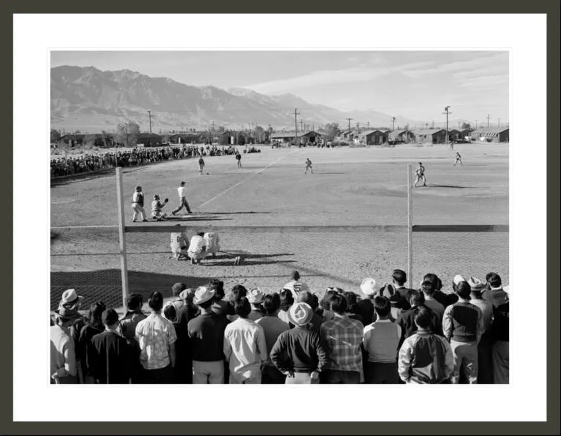 Ansel Adams (American, 1902-1984) Print: Ansel Adams (American, 1902-1984) Print. Manzanar Baseball, Manzanar War Relocation Center, Owens Valley, California, "1943". 33.50 x 24.50 (sight), 41.00 x 32.00 (framed) inches. Please be aware that