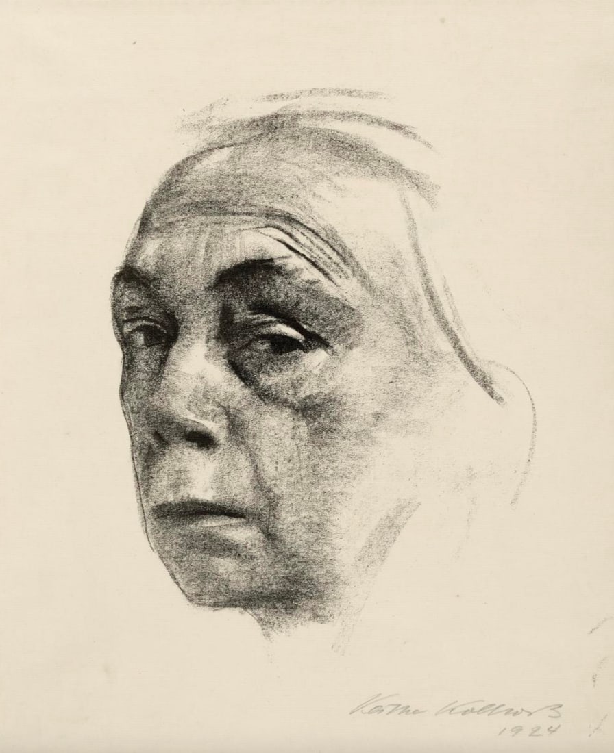 Kathe Kollwitz (German, 1867-1945) Print: Kathe Kollwitz (German, 1867-1945) Print. Self Portrait, "1924". Bonded to fabric. Plate Marked. Please be aware that all lots in our auctions are sold "AS IS," in accordance with the Terms & Conditio