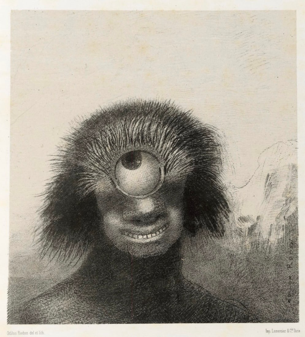 Odilon Redon (French, 1840-1916) Print: Odilon Redon (French, 1840-1916) Print. Le Polype difforme flottait su les rivages, sorte de Cyclope souriant et hideux, "1883". Bonded to fabric. Please be aware that all lots in our auctions are sol