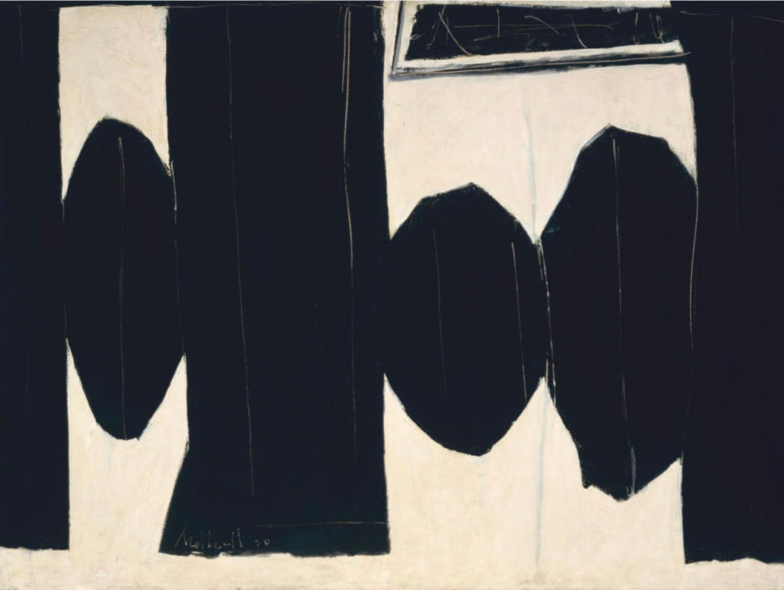 Robert Motherwell (American, 1915-1991) Print: Robert Motherwell (American, 1915-1991) Print. At Five in the Afternoon, "1950". Bonded to fabric. 37.75 x 28.50 inches. Please be aware that all lots in our auctions are sold "AS IS," in accordance w