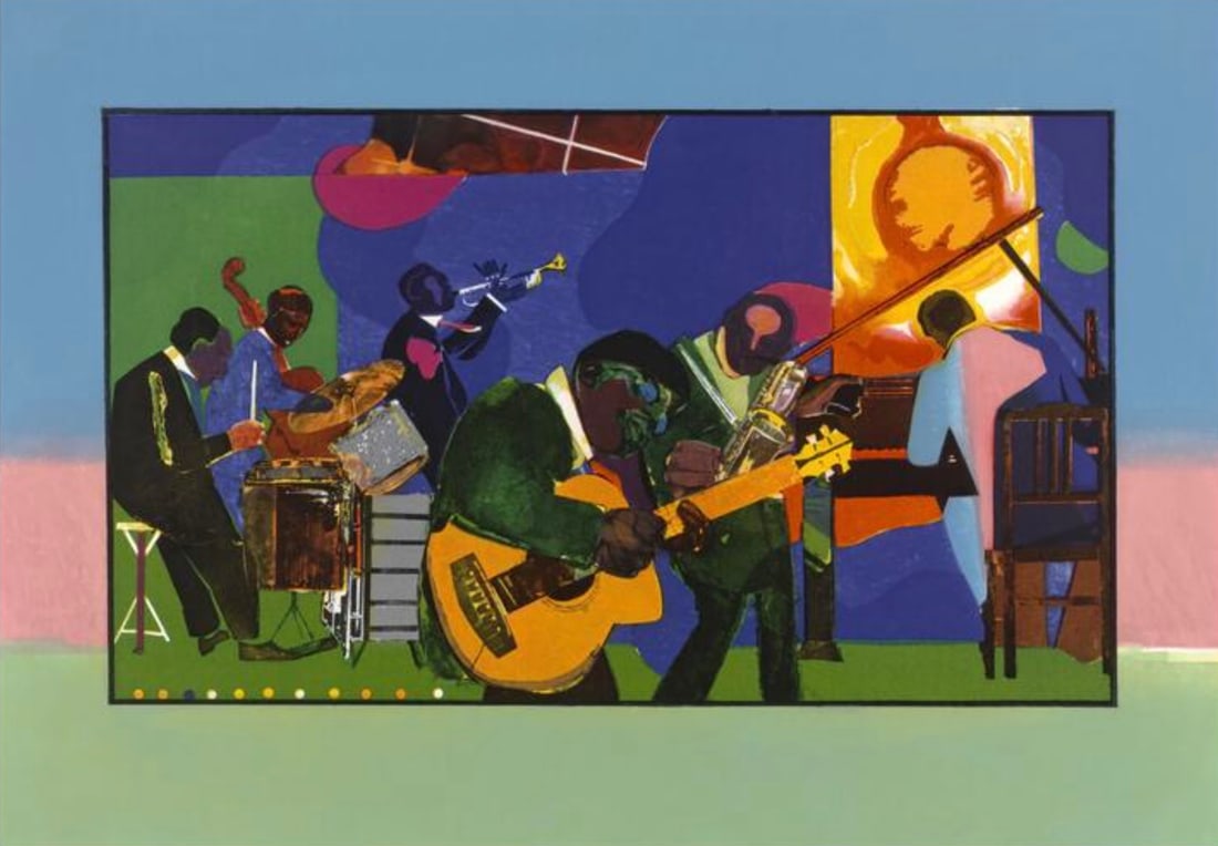 Romare Bearden (American, 1911-1988) Print: Romare Bearden (American, 1911-1988) Print. Jamming at the Savoy, "1981". Bonded to fabric. 25.75 x 18.00 inches. Please be aware that all lots in our auctions are sold "AS IS," in accordance with the
