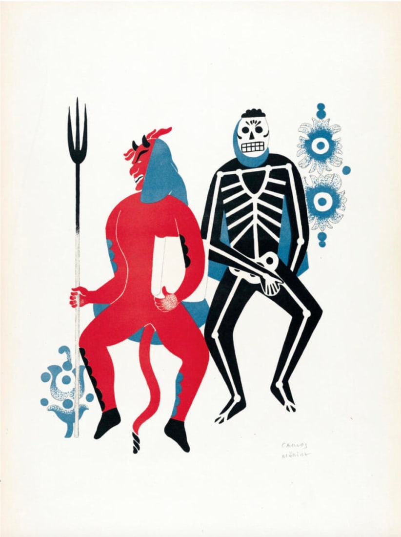 Carlos Merida (Guatemalan-Mexican, 1891-1984) Print: Carlos Merida (Guatemalan-Mexican, 1891-1984) Print. Two Dancing Men, "1940". Bonded to fabric. 21.50 x 29.50 inches. Please be aware that all lots in our auctions are sold "AS IS," in accordance with