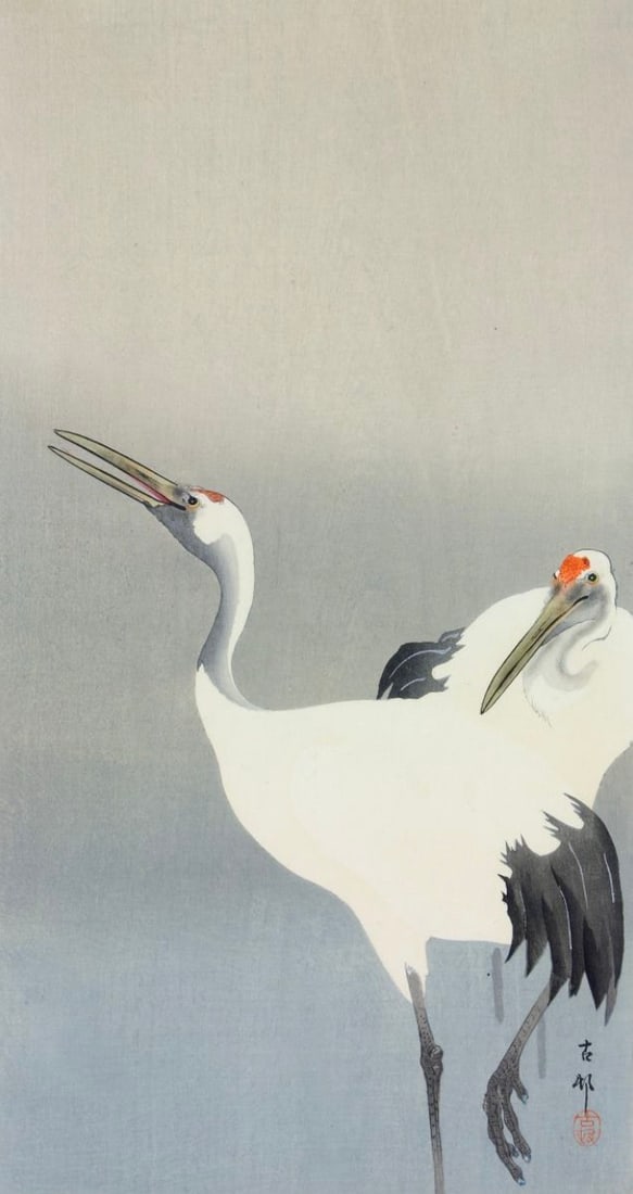 Ohara Koson (Japanese, 1877-1945) Print: Ohara Koson (Japanese, 1877-1945) Print. Cranes, "1900". Bonded to fabric. 10.15 x 18.25 inches. Please be aware that all lots in our auctions are sold "AS IS," in accordance with the Terms & Conditio