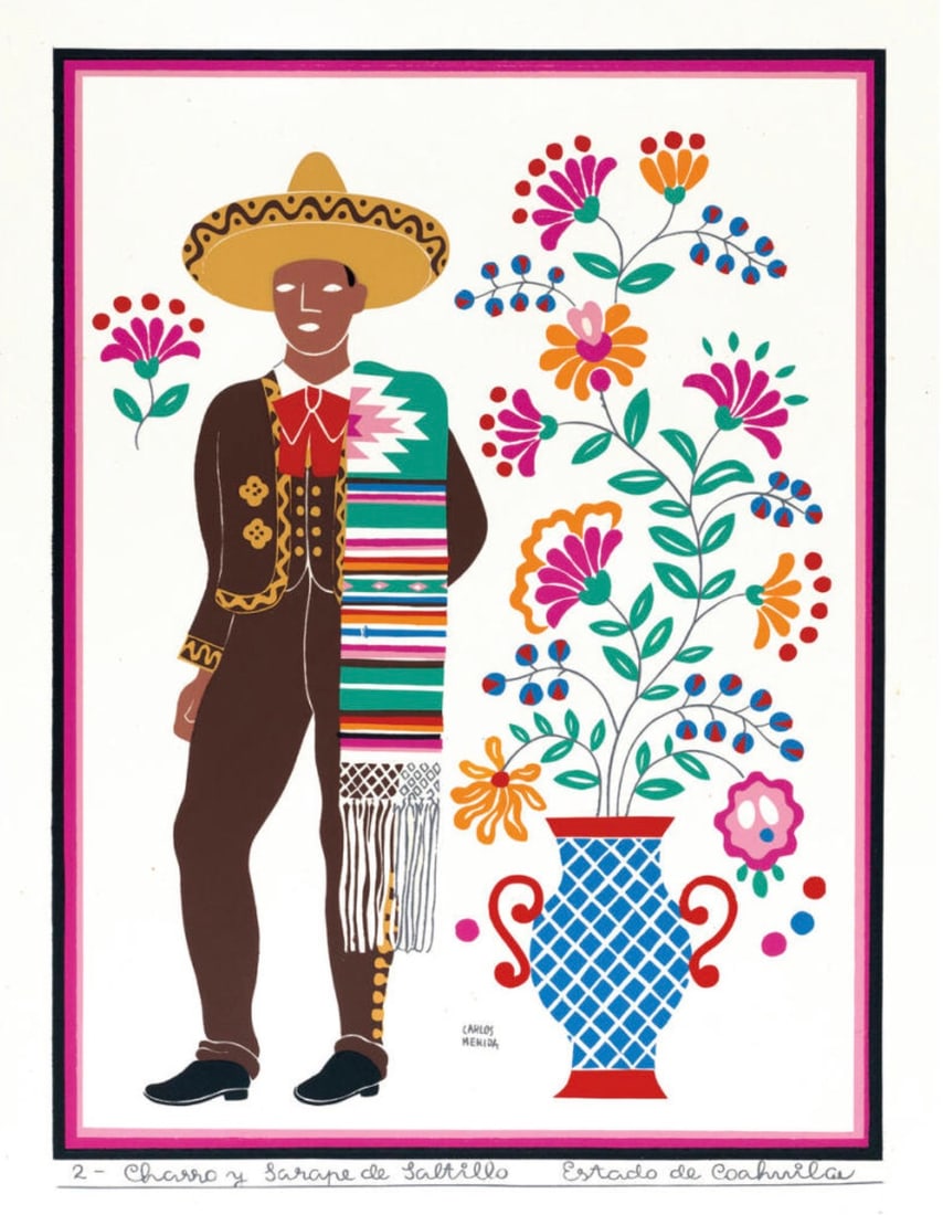 Carlos Merida (Guatemalan-Mexican, 1891-1984) Print: Carlos Merida (Guatemalan-Mexican, 1891-1984) Print. A Man from Saltillo in the State of Coahulia, "1946". Bonded to fabric. 23.00 x 29.50 inches. Please be aware that all lots in our auctions are sol
