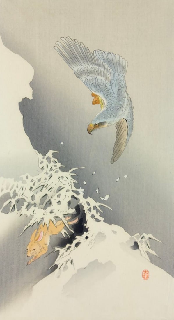 Ohara Koson (Japanese, 1877-1945) Print: Ohara Koson (Japanese, 1877-1945) Print. Hawk and Hare, "1900". Bonded to fabric. 13.25 x 24.50 inches. Please be aware that all lots in our auctions are sold "AS IS," in accordance with the Terms & C