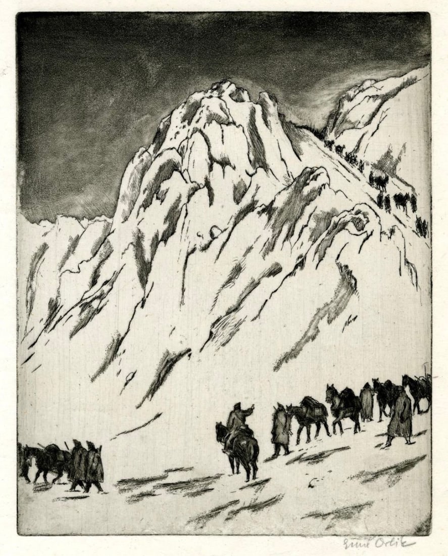 Emil Orlik (Austrian, 1870-1932) Print: Emil Orlik (Austrian, 1870-1932) Print. Oesterreischische Militarkolonne, "1918". Bonded to fabric. Plate marked. 20.25 x 24.50 inches. Please be aware that all lots in our auctions are sold "AS IS,"