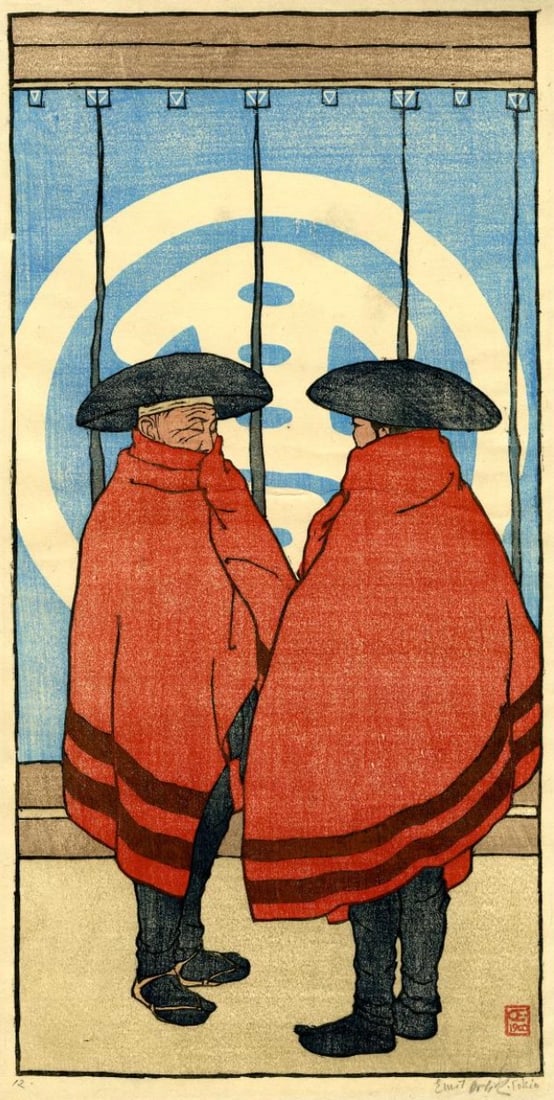 Emil Orlik (Austrian, 1870-1932) Print: Emil Orlik (Austrian, 1870-1932) Print. Two Men, Japanese Costume, "1900". Bonded to fabric. Plate marked. 12.50 x 24.25 inches. Please be aware that all lots in our auctions are sold "AS IS," in acco
