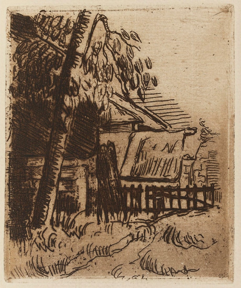 Paul Cezanne (French, 1839-1906) Print: Paul Cezanne (French, 1839-1906) Print. Entree de Ferme, Rue Remy, "1873". Bonded to fabric. 10.25 x 11.75 inches. Please be aware that all lots in our auctions are sold "AS IS," in accordance with th