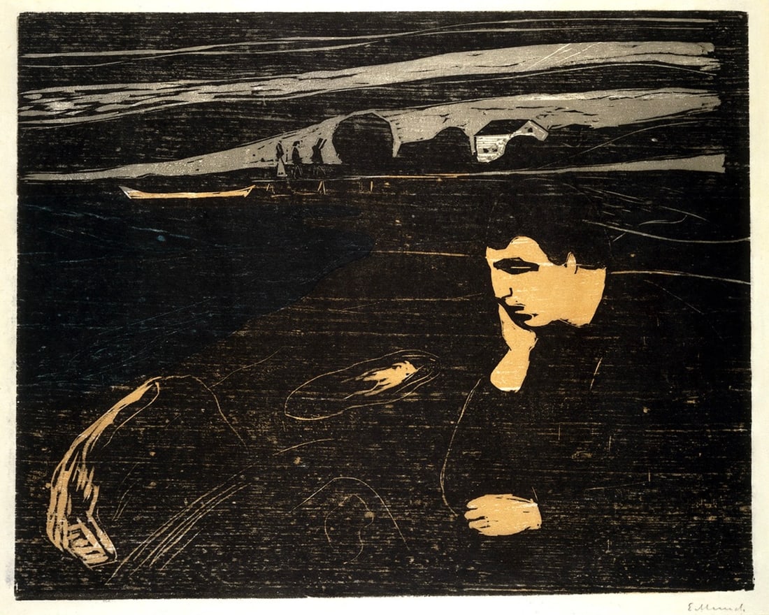 Edvard Munch (Norwegian, 1863-1944) Print: Edvard Munch (Norwegian, 1863-1944) Print. Melancholy III, "1902". Bonded to fabric. 18.50 x 13.50 inches. Please be aware that all lots in our auctions are sold "AS IS," in accordance with the Terms