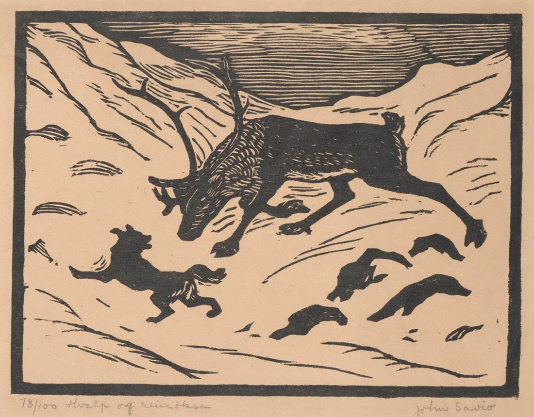 John Savio (Norwegian, 1902-1938) Print: John Savio (Norwegian, 1902-1938) Print. Puppy and Reindeer Bull. Bonded to fabric. Marked in the plate. Please be aware that all lots in our auctions are sold "AS IS," in accordance with the Terms &
