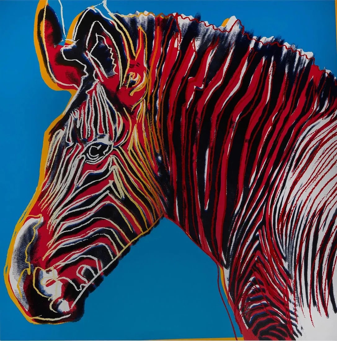 Andy Warhol (American, 1928-1987) Silkscreen: Andy Warhol (American, 1928-1987). Andy Warhol "Grevys Zebra, "1983" Silkscreen. Ronald Feldman with printers markings. 38.00 x 38.00 inches. From "Endangered Species". Marked and embossed. Please be
