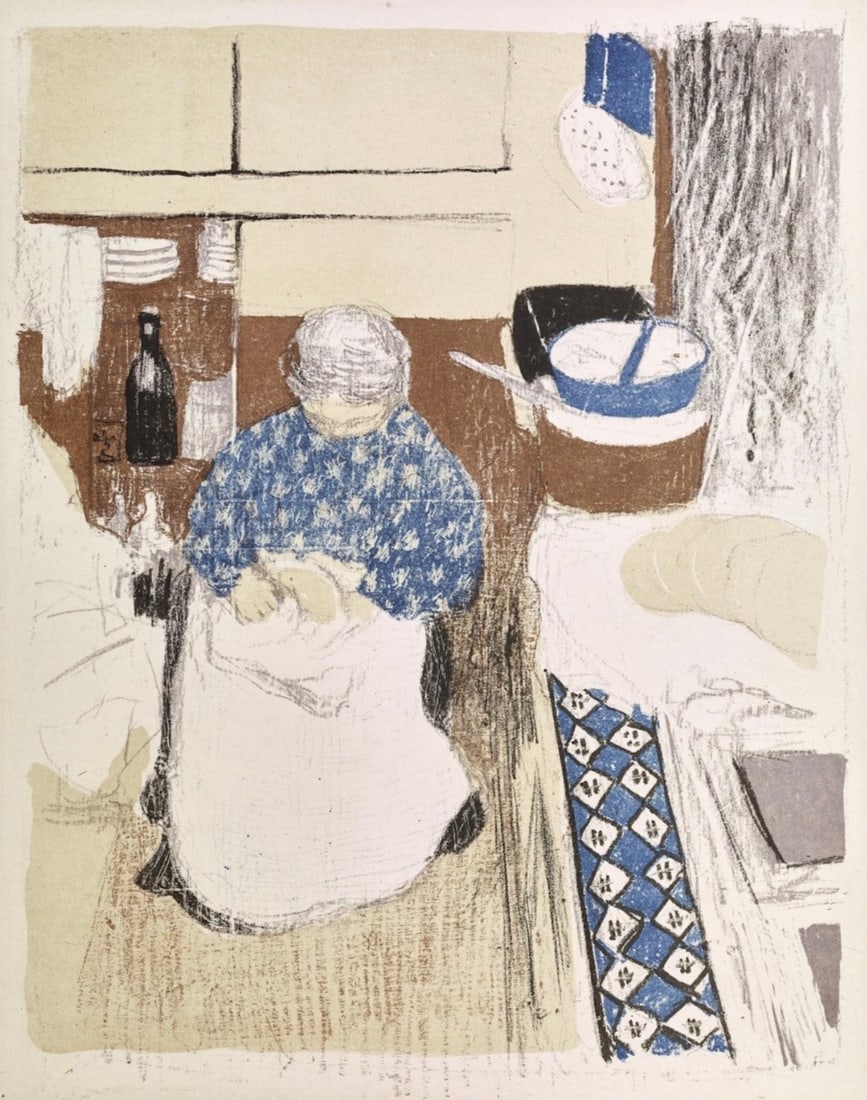 Edouard Vuillard (French, 1868-1940) Print: Edouard Vuillard (French, 1868-1940) Print. La Cuisiniere, "1899". Bonded to fabric. 14.25 x 18.25 inches. Please be aware that all lots in our auctions are sold "AS IS," in accordance with the Terms
