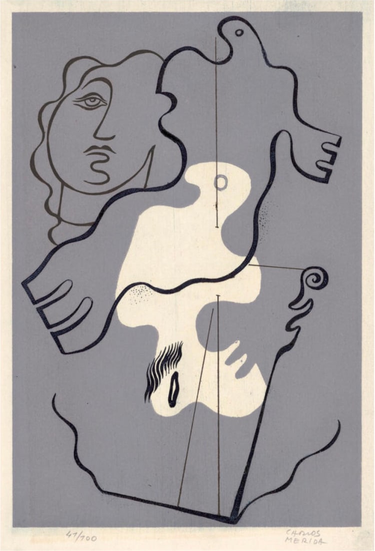 Carlos Merida (Guatemalan-Mexican, 1891-1984) Print: Carlos Merida (Guatemalan-Mexican, 1891-1984) Print. Abstract Composition, "1936". Bonded to fabric. 20.00 x 29.00 inches. Please be aware that all lots in our auctions are sold "AS IS," in accordance