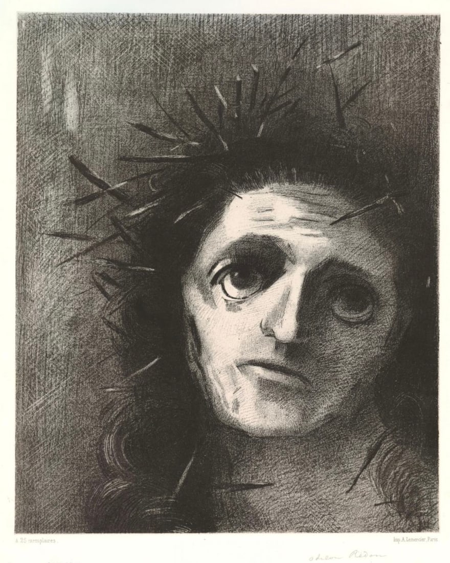 Odilon Redon (French, 1840-1916) Print: Odilon Redon (French, 1840-1916) Print. Christ, "1887". Bonded to fabric. Plate marked. Please be aware that all lots in our auctions are sold "AS IS," in accordance with the Terms & Conditions of the