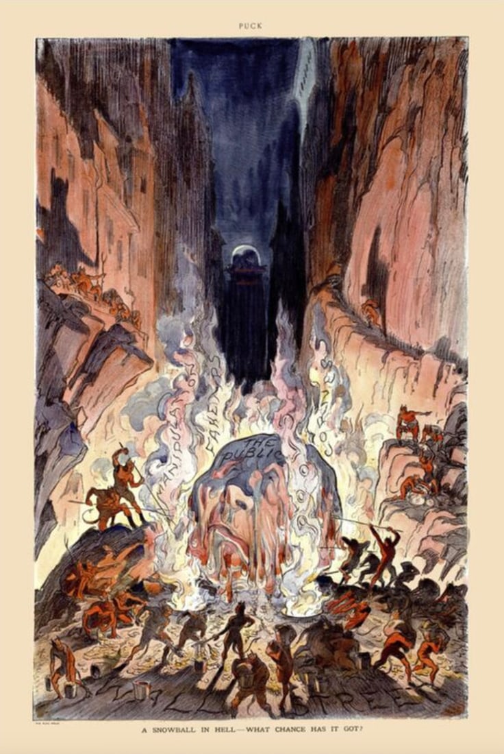 Udo Keppler (American, 1872-1956) Print: Udo Keppler (American, 1872-1956) Print. A Snowball in Hell, "1871". Bonded to fabric. 11.50 x 17.25 inches. Please be aware that all lots in our auctions are sold "AS IS," in accordance with the Term