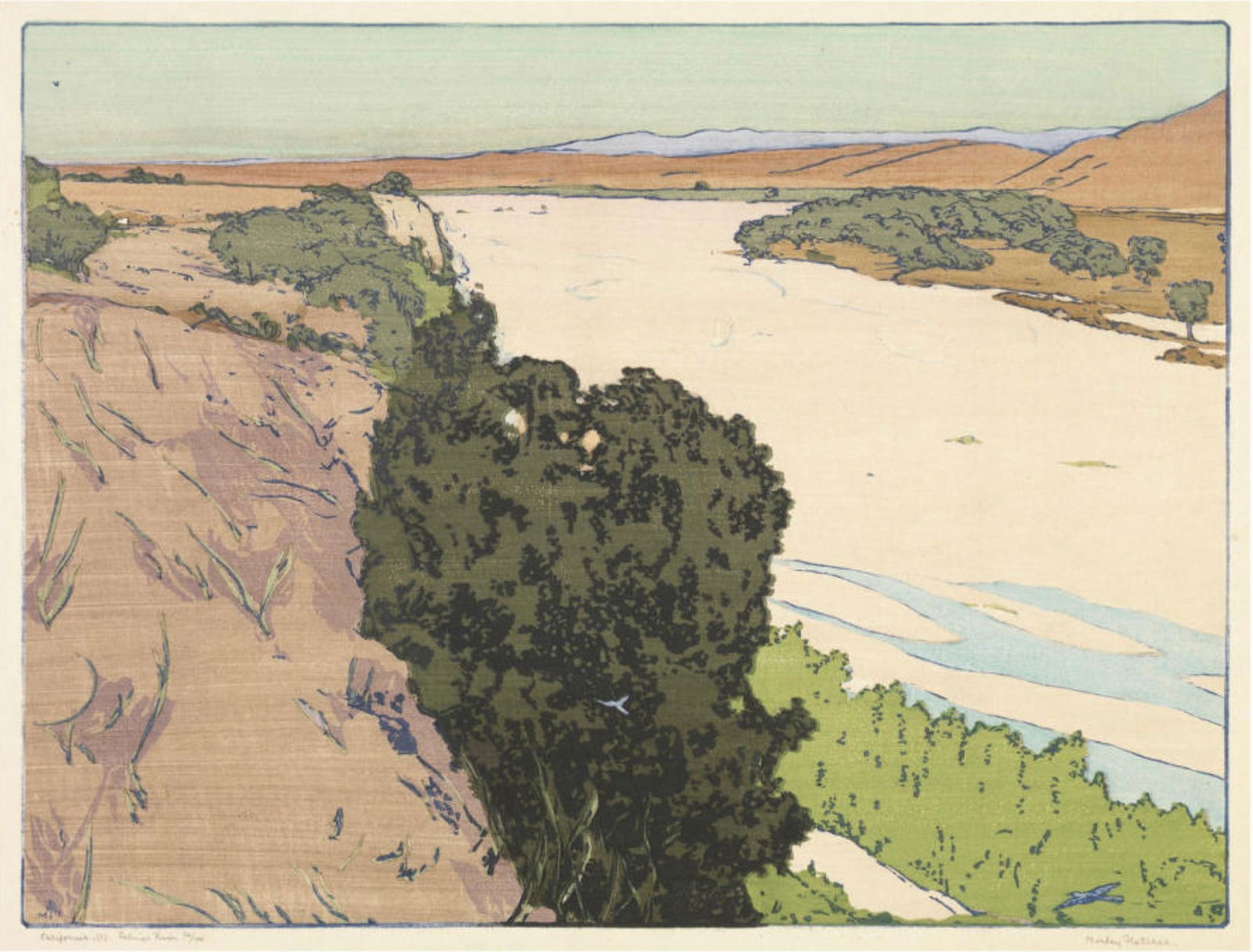Frank Morley Fletcher (American, 1866-1959) Print: Frank Morley Fletcher (American, 1866-1959) Print. California 1, Salinas River, "1927". Bonded to fabric. Plate marked. 28.50 x 20.00 inches. Please be aware that all lots in our auctions are sold