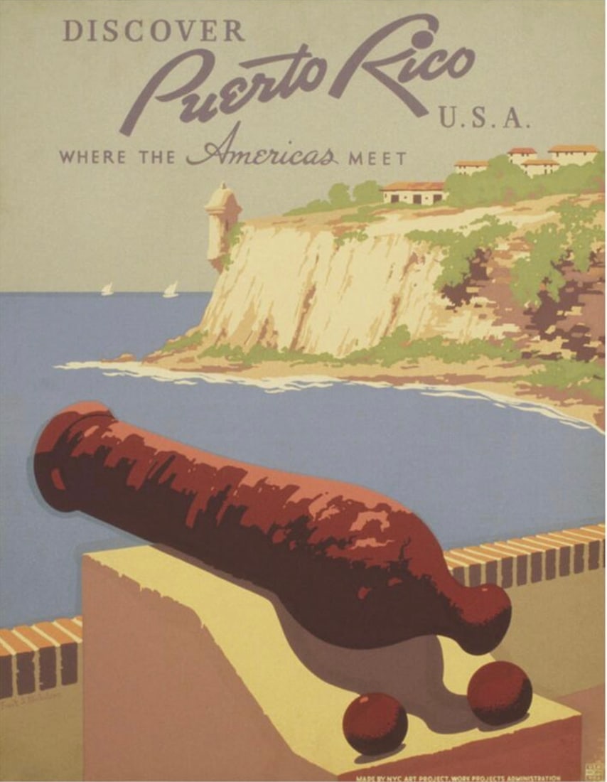 Frank S. Nicholson (American, 1890-1969) Poster: Frank S. Nicholson (American, 1890-1969) Print. Discover Puerto Rico, "1936". Bonded to fabric. 28.50 x 36.75 inches. Please be aware that all lots in our auctions are sold "AS IS," in accordance