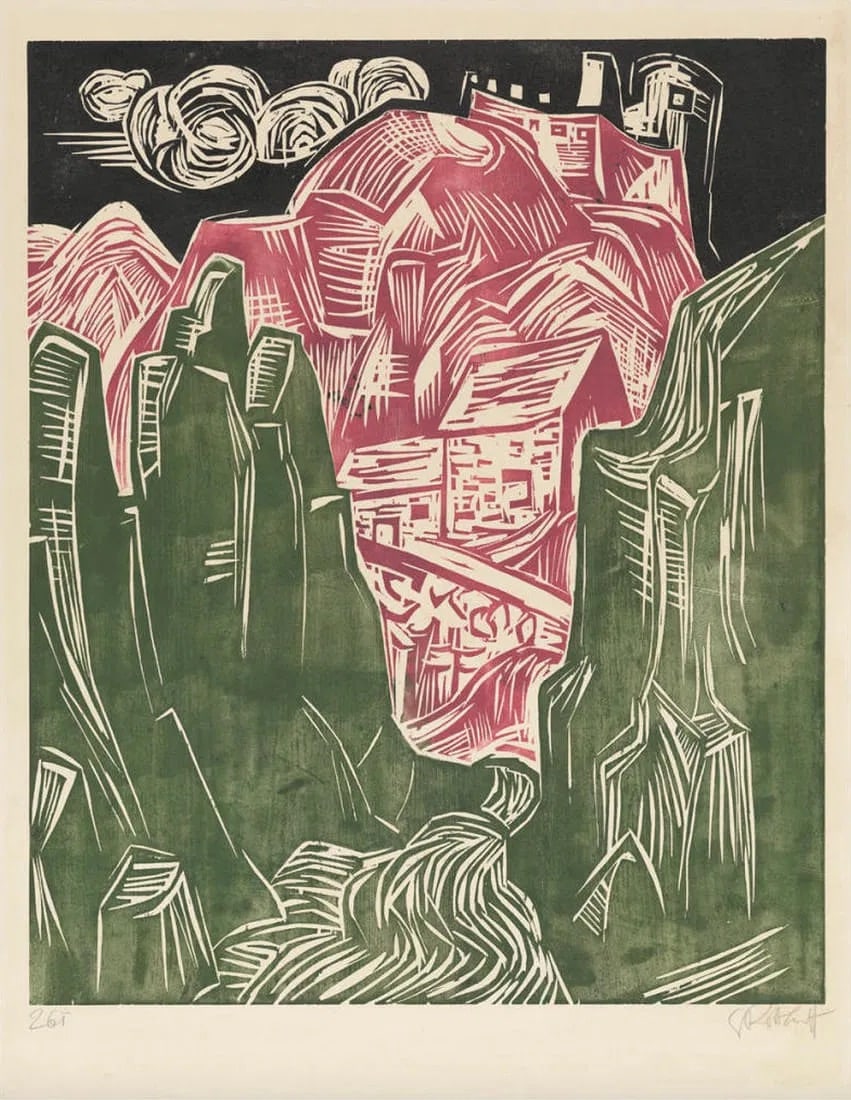 Karl Schmidt Rottluff (German, 1884-1976) Print: Karl Schmidt Rottluff (German, 1884-1976) Print. Road with a Castle and Houses in Rocky Mountains, "1926" Print. 16.00 x 21.50 inches. Please be aware that all lots in our auctions are sold "AS IS,"