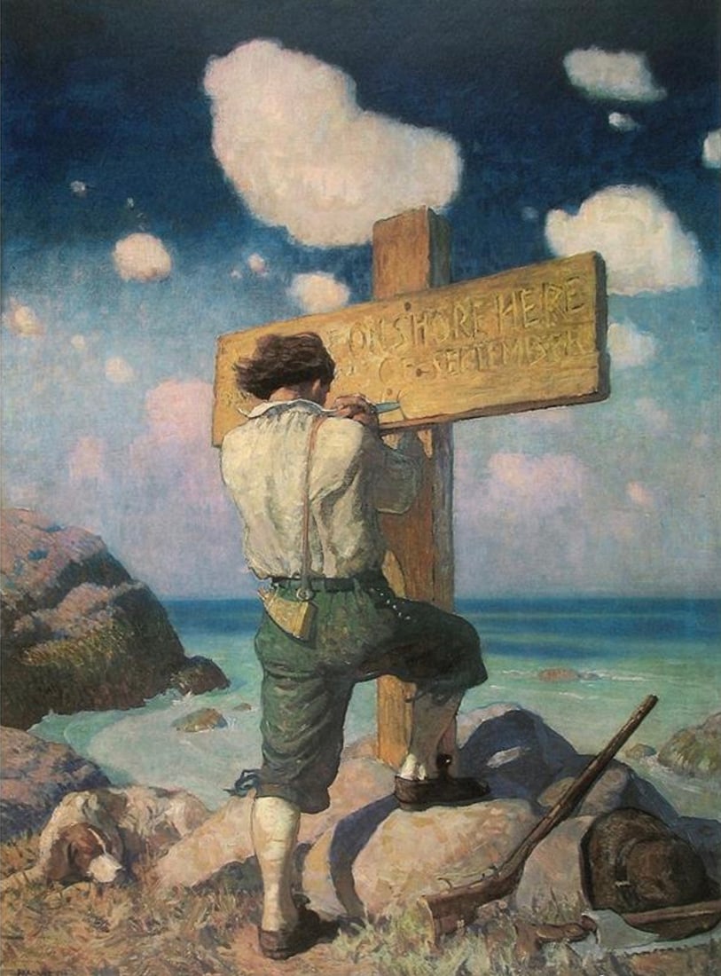 N.C. Wyeth (American, 1882-1945) Print: N.C. Wyeth (American, 1882-1945) Print. Robinson Crusoe, "1920". 25.00 x 19.50 inches. Please be aware that all lots in our auctions are sold "AS IS," in accordance with the Terms & Conditions of the