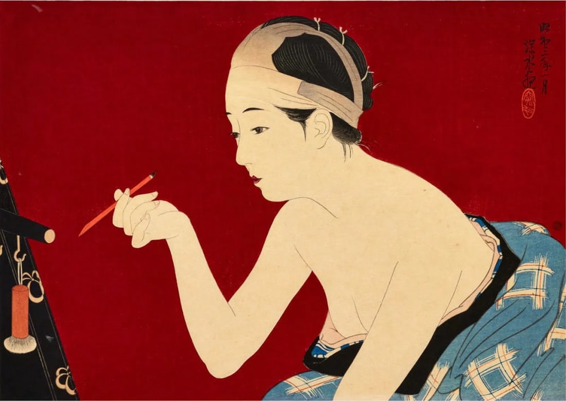 Ito Shinsui (Japanese, 1898-1972) The Eyebrow Pencil, "1928" Print: Ito Shinsui (Japanese, 1898-1972) The Eyebrow Pencil, "1928" Print. Around 15.50 x 11.00 inches. Bonded to fabric. Please be aware that all lots in our auctions are sold "AS IS," in accordance with