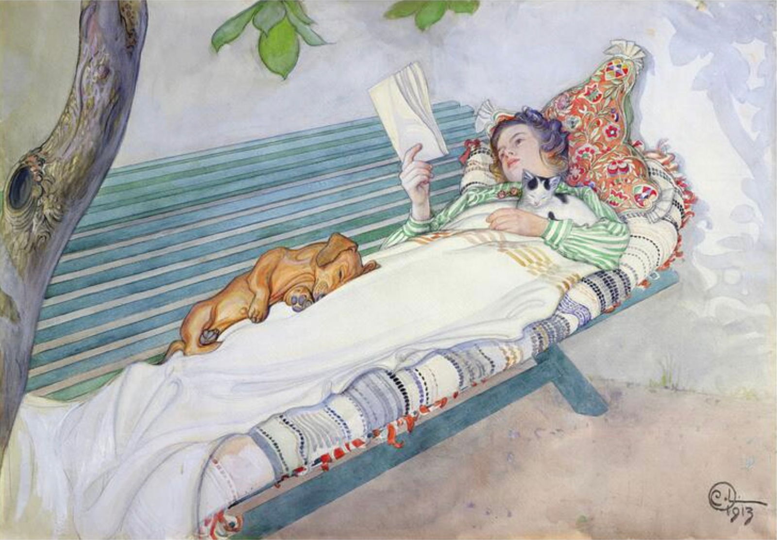 Carl Larsson (Swedish, 1853-1919) Print: Carl Larsson (Swedish, 1853-1919) Print. Woman Lying on a Bench, "1913". 37.00 x 25.50 inches. Bonded to fabric. Please be aware that all lots in our auctions are sold "AS IS," in accordance with the