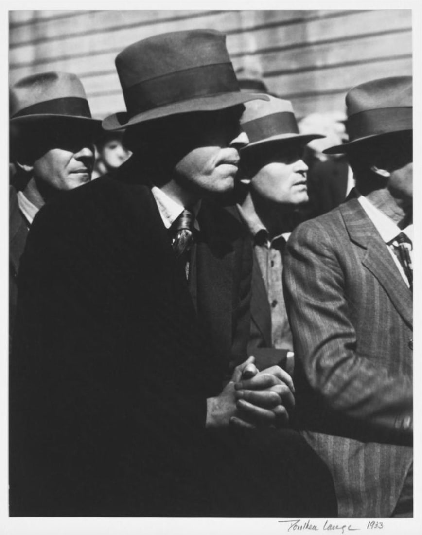 Dorothea Lange (American, 1895-1965) Print: Dorothea Lange (American, 1895-1965) Print. San Francisco Waterfront Strike, "1934". 17.00 x 21.00 inches. Plate Marked. Mounted. Please be aware that all lots in our auctions are sold "AS IS," in